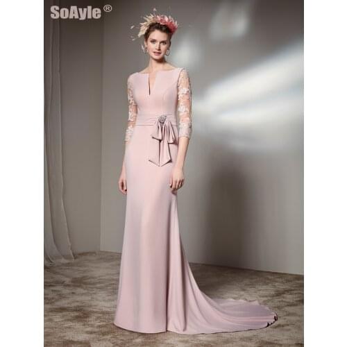 Long Sleeve Lace Evening Dress for Wedding Guest Women Pink Mermaid Prom Dresses Boat Neck Bow Vestido De FestaSoAyle