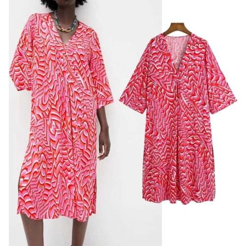 Klkxmyt Za Dress Women 2021 Summer Vintage V Neck Geometric Print Straight Midi Shirt Dress Chic Female Leisure Kimono Vestidos