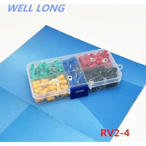 200pcs/lot RV2-4 Kit Cold pressed terminal O-type connector copper nose wire terminal with sheathed copper terminal head