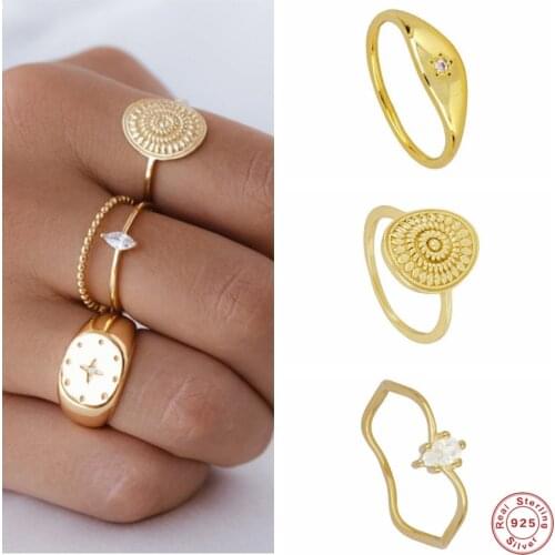 Aide 925 Sterling Silver Gold Flower Round Plate Rings For Women Gift Wave Line Zircon Crystal Finger Ring Party Fine Jewelry