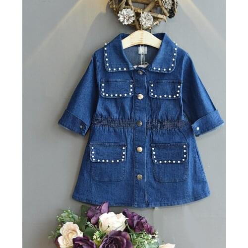 Kids Clothes Fall Girls Denim Dress 2021 New Spring Autumn Long-sleeved Dress Beaded Princess Dress Vestidos Baby Girl Dress