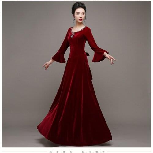 Long velour royal blue/hot pink/wine red/black rhinestone bead community singing dance/ stage performance dance wear