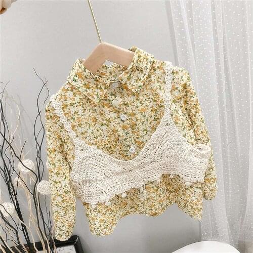 Spring Autumn Girls Kids Princess Flora Shirts Long Sleeve Children Baby Blouse Tops Shirt+Lace Waistcoat Outfits S12092