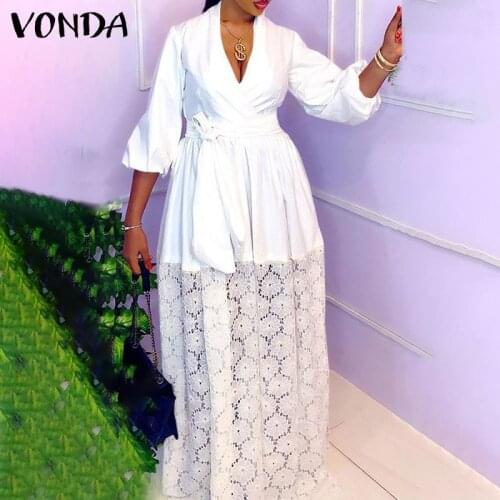 Elegant Lace Patchwork Dress 2021 VONDA Women Sexy Deep V Neck Party Maxi Dress Office OL Lady Belted Party Vestidos Bobe Longue