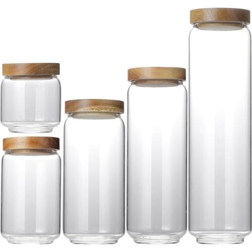 2/4pcs 750 1000 1700ml High Borosilicate Glass Storage Airtight Wood Lid Jar Pasta Rice Food Bottle Pasta Rice Canister Glass