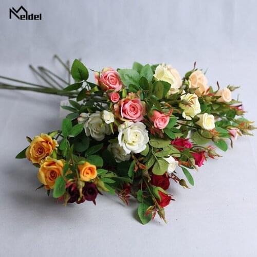 Meldel Artificial Flower Silk Rose DIY Bouquet Single Branch Long Rose Pink Fake Flowers Home Table Party Wedding Wall Decor