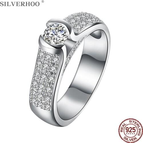 SILVERHOO Genuine 925 Sterling Silver Rings For Women Simple Trendy Cubic Zirconia Luxury Ring Wedding Engagement Jewelry Gift