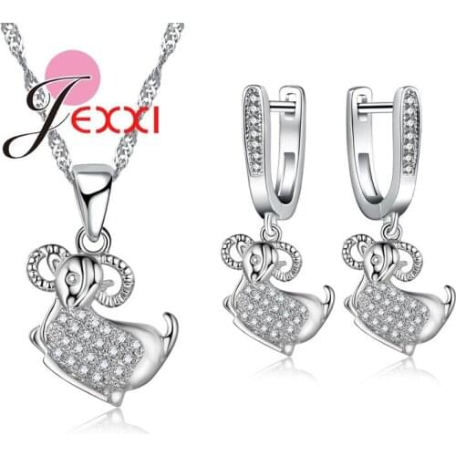 Newest Cute Sheep Design Crystal Pendant Necklace&Earrinigs Set 925 Sterling Silver Jewelry Sets For Girls Kids Wholesale