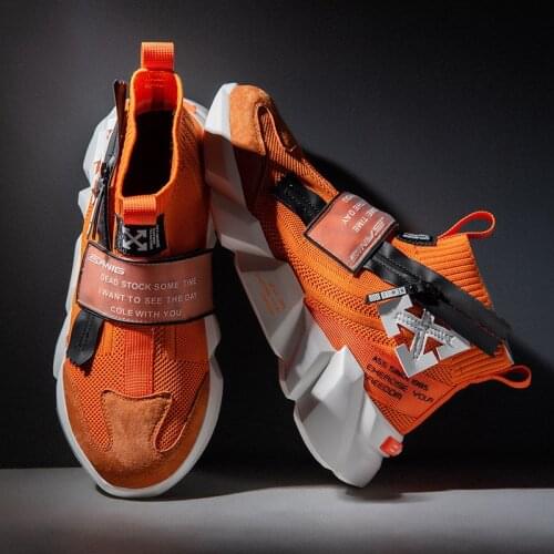 Fashion Orange Breathable Kint High top Men Sock Shoes Casual Platform Sock Sneakers for Men Zipper Slip on Mens Trainers Shoes