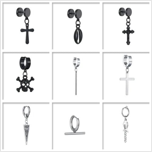 1 Piece Punk Cross/Skull/Stick/Fish Pendant Round Earrings For Women Rock Men Simple Stainless Steel Stud Earrings Jewelry