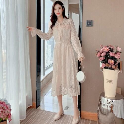 Autumn New Sweet Beauty God Fan Ruffled Sleeves Bow Tie Lace Nightdress Bottoming Skirt Evening Dress Women