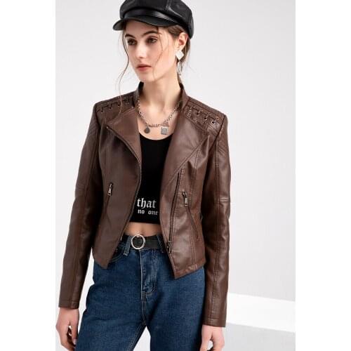 Spring And Autumn 2021 Lapel Pu Faux Leather Jacket Womens Leather Short Jacket Slim Thin Leather Jacket Ladies Motorcycle Suit