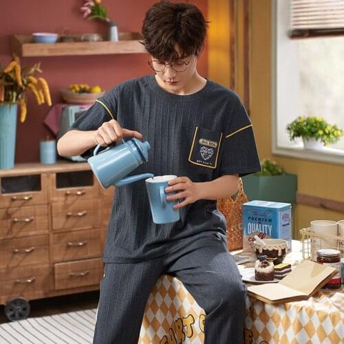 Summer Men Pajamas Set Cotton Dark Grey Sleepwear Loose Plus Size Homewear Casual Two Piece Set Beam Foot Teenager Loose Pajamas