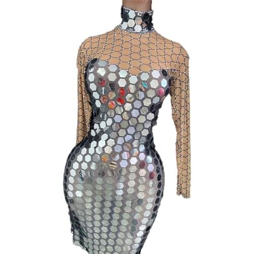 Flashing Rhinestones Mirror Dresses for Women Birthday Celebrate Dress Women Nightclub Stage Costume Party Dancer Bodycon Dresse