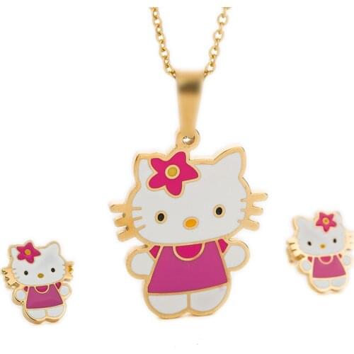 Fashion Stainless Steel Multicolor Cat Stud Earrings Earrings Bowknot KT Jewelry Set For Girls Earring and Necklace Set