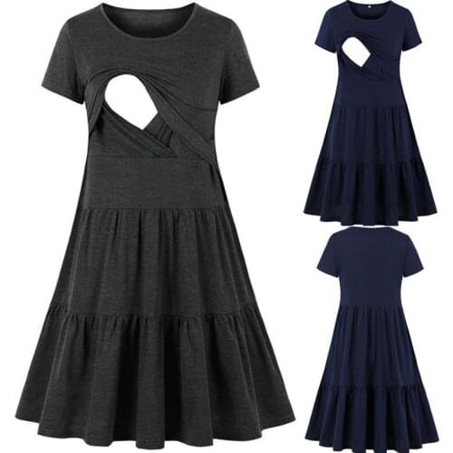 2021 New womens Clothing Nursing Round Neck Short-Sleeved Maternity Dresses Solid Color Breastfeeding Dress Q06004