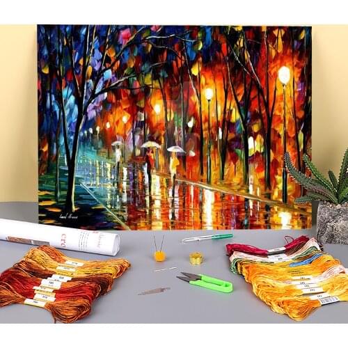 Evening Rain In The Park Pre-Printed 11CT Cross Stitch Complete Kit DIY Embroidery DMC Threads Painting Needlework Magic