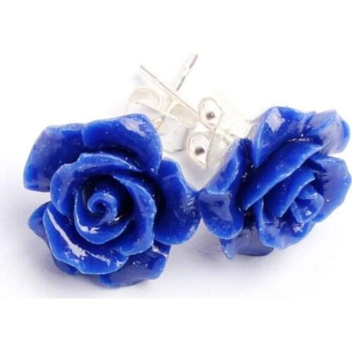 Drop Shipping ladys 12mm Lapis lazuli Carved Rose Flower 925 Sterling Silver elegant Earrings