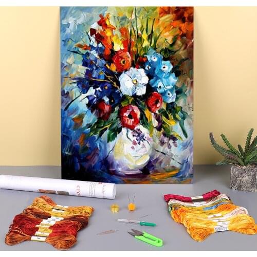 Dream Flowers Printed Water-Soluble Canvas 11CT Cross Stitch Kit DIY Embroidery DMC Threads Handmade Needlework Decor