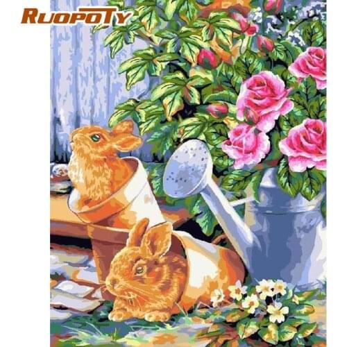 RUOPOTY DIY Painting By Numbers Kits Flowers Rabbit Modern Acrylic Paint By Numbers Wall Art Picture 60x75cm With Frame Diy Gift