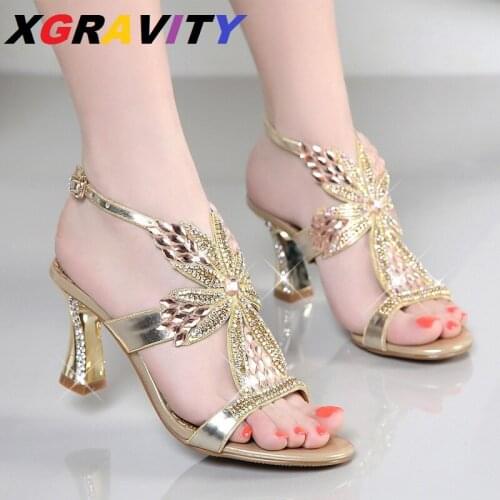 XGRAVITY Rhinestone Leaf Designer Open Toe Sandals Crystal High Heel Summer Shoes Elegant Fashion Sexy High Heel Dress Shoes Hot