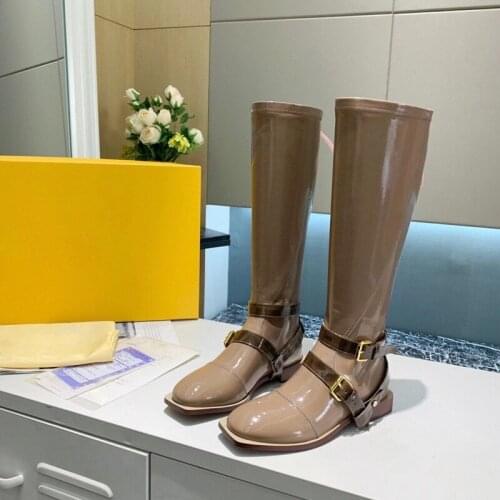 2021 autumn new patent leather flat bottom belt buckle below knee women head back zipper Knight high tube boots