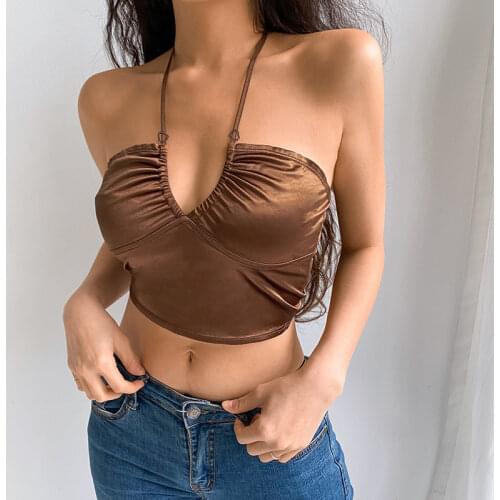 Sexy Strappy Brown Y2K Halter Crop Top Women Summer Backless Cami Tops Tees Ladies Fashion Fitness Camisole Party