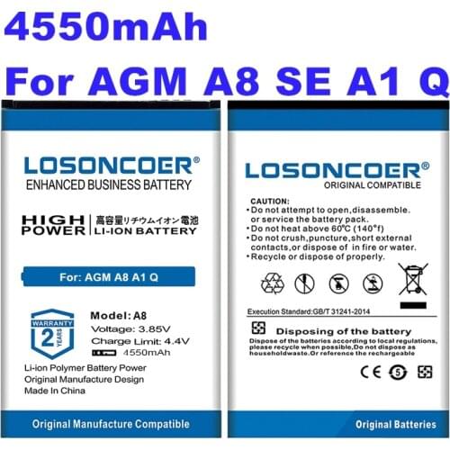 LOSONCOER 4550mAh A8 Replacement Phone Battery For AGM A8 A1 Q SE Battery For Mann ZUG 5S ZUG5S ZUG5SQ ZUG 5SQ