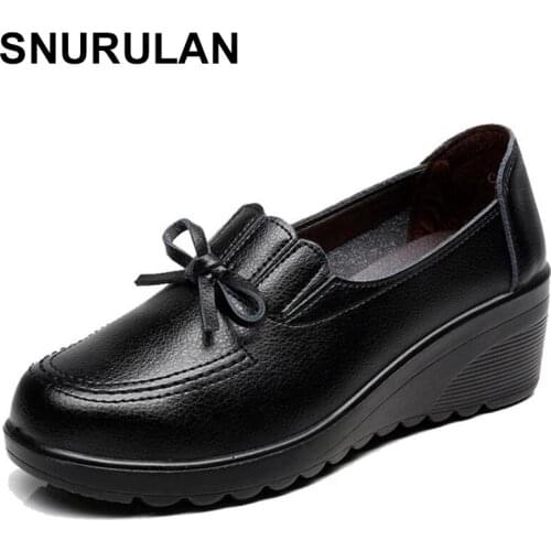 SNURULAN Spring Autumn Womens fashion Pumps shoes woman genuine leather wedge single casual shoes mother high heels shoes