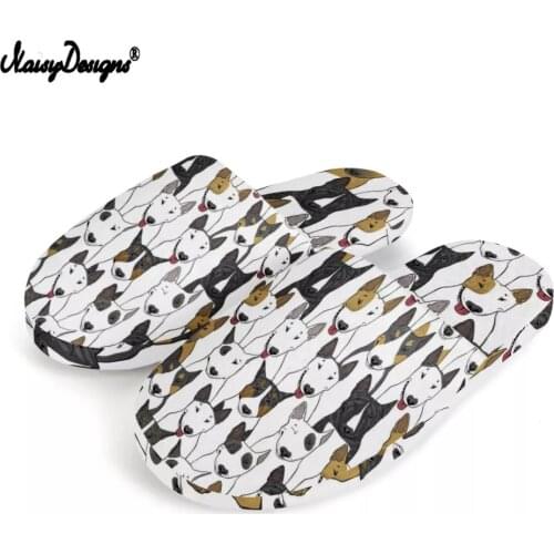 Winter Women House Slippers Bull Terrier Print Faux Fur Warm Flat Shoes Female Slip Furry Ladies Non-Slip Slides Slippers Unisex