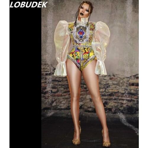 Vintage Nightclub Stage Wear Puff Sleeve Pearl Print Jacket Shorts Outfit Women Birthday Celebrate Singer Dancer Jazz Costume