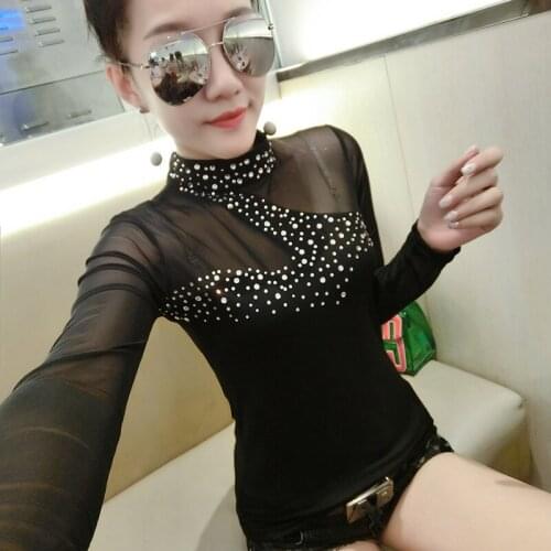 Fashion Patchwork Sexy Transparent Mesh Shiny Diamonds Tshirt Turtleneck 2020 New Spring Autumn Long Sleeve Top Camiseta Mujer