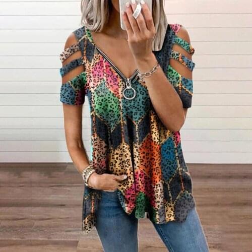 2021 Fashion Summer Womens Zipper Casual Loose Print Top V Neck Hollow Out Short Sleeved Sexy T-Shirt Women Clothing Pullover