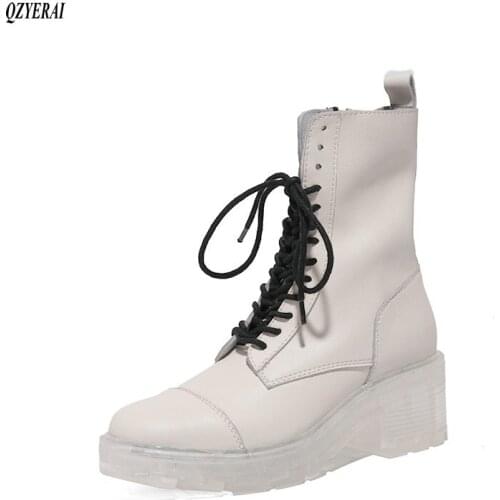 2020 autumn winter Genuine leather Womens boots Martin boots Fashion womens shoes lace-up Transparent soles