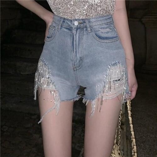 Korean Style Solid Tassel Diamond Chain Female Denim Shorts Women Shorts High Waist Wide-leg Loose Hole Jeans Short 2020 Fashion