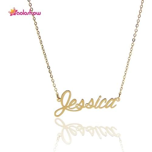 AOLOSHOW Sprict Letter Name " Jessica " charm Necklace for Women Stainless Steel Gold color Pendant Nameplate Necklace nl-2444
