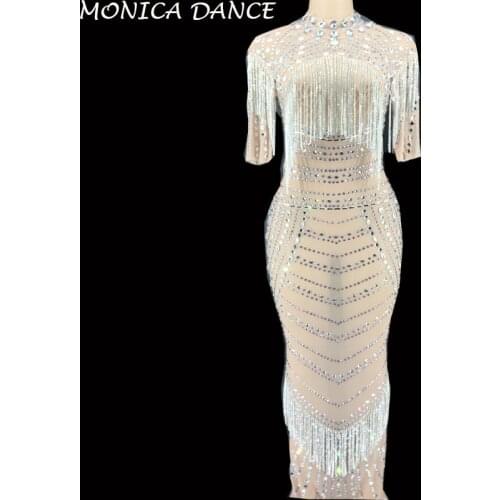 Women Sexy Stage Mesh Silver Crystals Dress Women Wedding Birthday Celebrate Evening Transparent Prom Mesh Rhinestones Dress