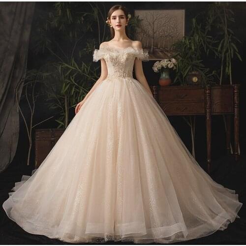 Glitter Beads Appliques New Wedding Dress 2021 Boat Neck Floor Length Champagne Vestido De Noiva Robe De Mariee Bride Ball Gown