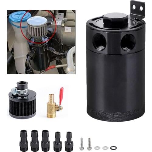 Car Aluminum Reservoir Oil Catch Can Tank 2-Port Baffled Reservoir with Drain Valve Breather Cylinder Filter Kit
