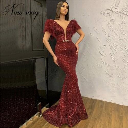 Feathers Sequined Sparkly Formal Dress Wine Red Deep-V Evening Dresses 2020 Custom Made Prom Dress For Saudi Arabia Dubai Gowns