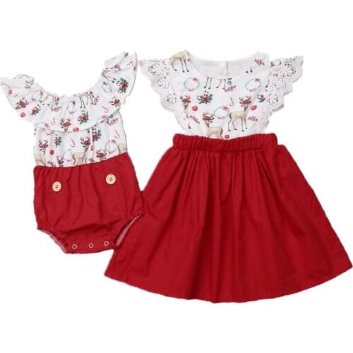 Kids Baby Girl Christmas Sister Matching Clothes Romper Lace Dress Outfit Set[Christmas Deer Dress,6T]