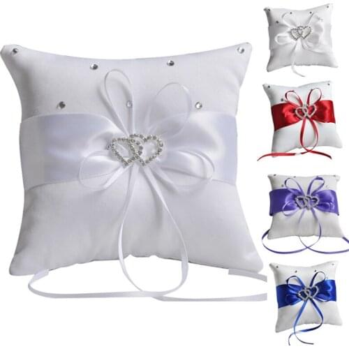 Double Heart European Wedding Decor Ribbon Bowknot Rhinestones Handmade Satin Cushion White Red Blue Party Supplies