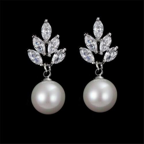Ekpodee Classic Pearl Drop Earrings For Women Elegant Leaf Zircon Earrings Female Bridal Wedding Zirconia Engagement Jewelry