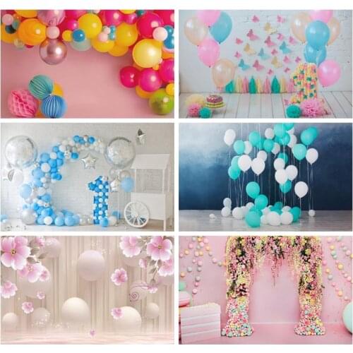 Laeacco Birthday Party Photocall Blue Balloons Clouds Flowers Gifts Baby Shower Newborn Photography Backdrops Photo Backgrounds