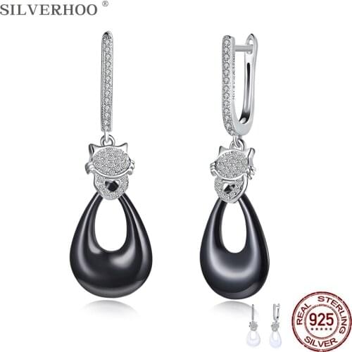 SILVERHOO 925 Sterling Silver Water Drop Earring Dangle Cute Cat Hollow Heart Cubic Zirconia Earrings For Women Fine Jewelry