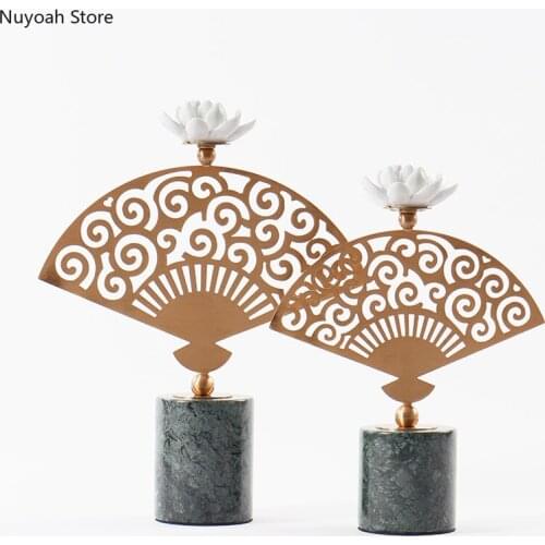 Chinese Fan-shaped Marble Base Decoration Creative Light Luxury Metal Crafts Decoration Living Room Home Decoration Accessories