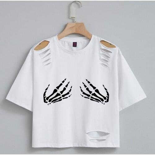 Cotton Crop Top Tshirt Women Gothic Black Skeleton Hand Print Tops Sexy Baggy Summer Tee Short Sleeve Girls T-shirt Cropped