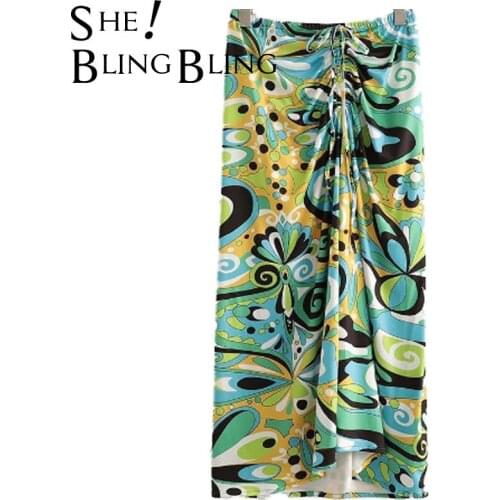 SheBlingBling Summer Printed Casual Beach Midi Skirt Fashion Drawstring Lace-up Elastic High Waist Women Split Long Skirts