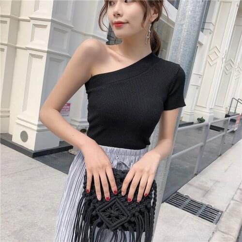 Summer Womens Off-shoulder Knitted T-shirt Girls Stretchy Solid Sexy Cropped T shirts Tees Knitwear For Female 2019