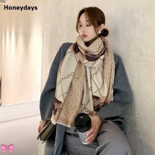 Fashion Chain Printing Cashmere Scarf Women Winter Thickened Scarves Warmth Double-sided Shawl Tassel Neckerchief Mothers Gift